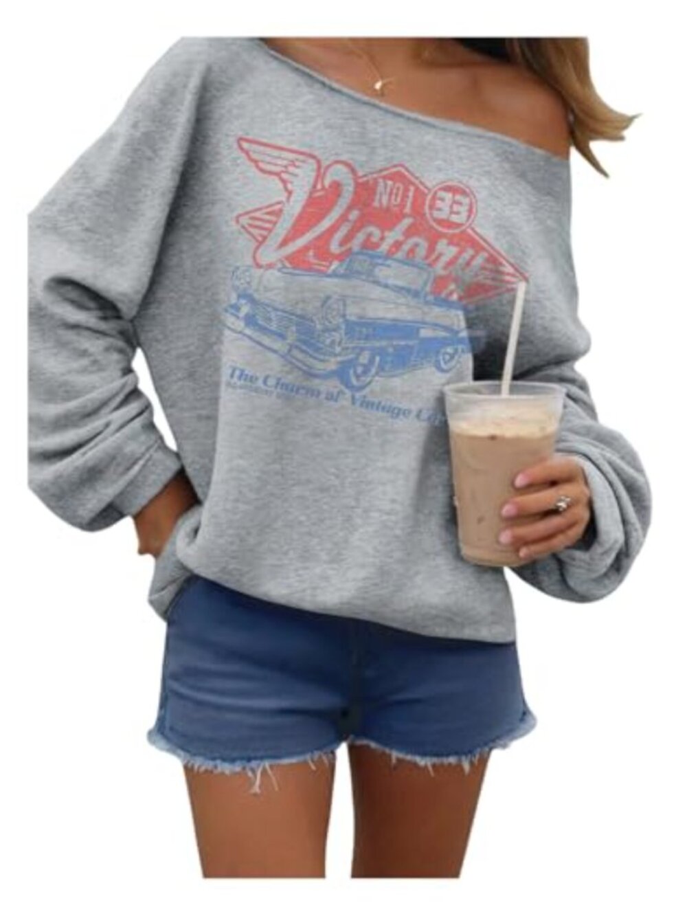 Off Shoulder Graphic Sweatshirt Long Sleeve Vintage Pullover Women